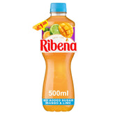 A 500ml Ribena Mango & Lime Juice Drink with no added sugar and rich in Vitamin C, featuring a blue cap and a label with mango, lime, and orange slice. Price: $1.35.